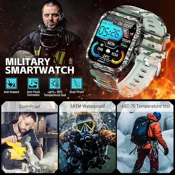 Military Smart Watches for Men (Make/Answer Call) 1.96" Screen Outdoor Activity Tracker with 100+ Sport Modes Health Monitor 3ATM Waterproof Smartwatch (Camouflage Green)
