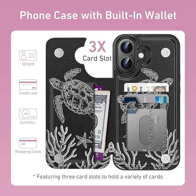 FUNMIKO for iPhone 16 Wallet Case with Card Holder, RFID-Blocking, Military-Grade Protection & UV-Printed Artwork, Magnetic Closure with Leather Kickstand - Swimming Sea Turtle