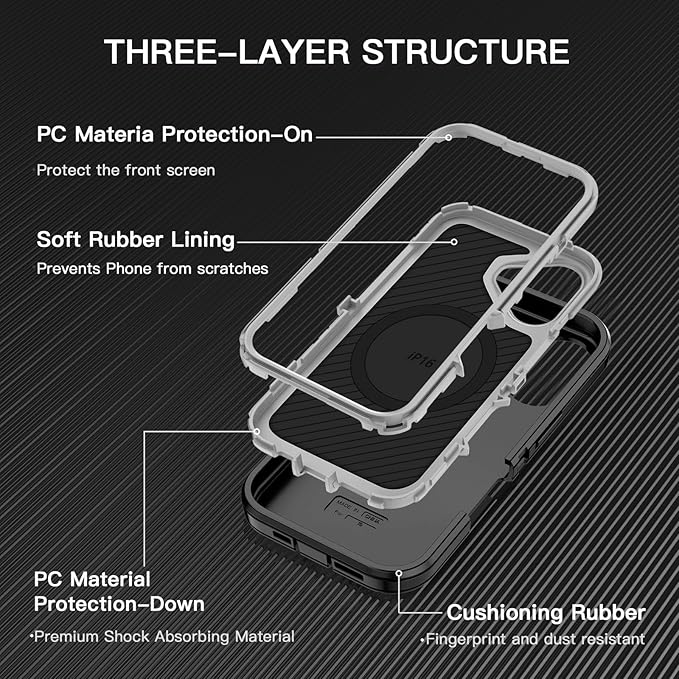 for iPhone 16 Case [Compatible with MagSafe] Shockproof 3-Layer Full Body Protection [Without Screen Protector] Rugged Heavy Duty Cover Case for Apple iPhone 16 6.1",Black/Grey