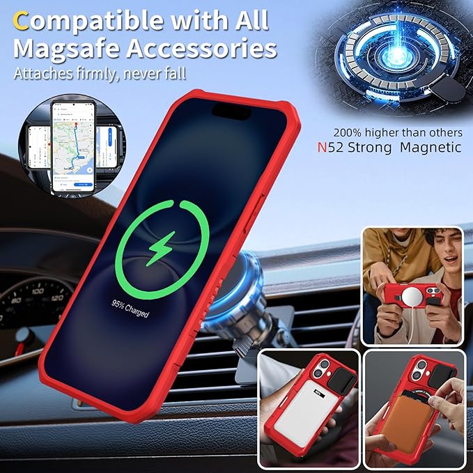 for iPhone 16 Plus Case Magnetic Compatible with MagSafe Wireless Charging,Built-in 360°Kickstand,with Camera Cover,with 2 Screen Protector,Anti-Scratch Shockproof Heavy Duty Protection Red