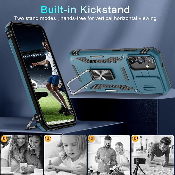 DEERLAMN Case for Samsung Galaxy S24+ Plus with Slide Camera Cover+Screen Protector (1 Pack), Rotated Ring Kickstand Military Grade Shockproof Protective Cover-Light Blue