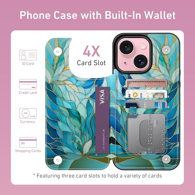 FUNMIKO for iPhone 14 Plus Wallet Case with Card Holder, RFID-Blocking, Military-Grade Protection & UV-Printed Artwork, Magnetic Closure with Leather Kickstand - Sleek Cyan Leaf