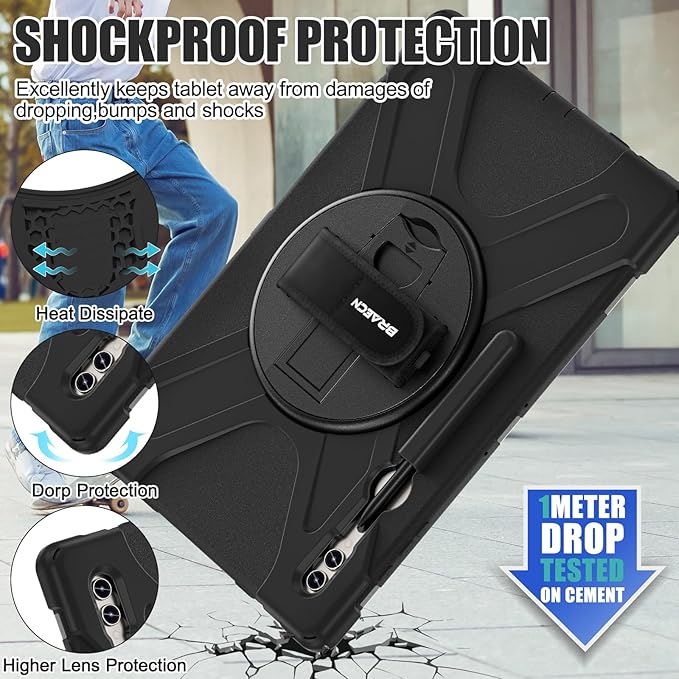 BRAECNstock for Samsung Galaxy Tab S10 Ultra/S9 Ultra/S8 Ultra Case 14.6" 2024/2023/2022 Shockporoof Samsung Tablet 14.6 inch Case with Pencil Holder Rotating Hand Strap & Stand Shoulder Strap - Black