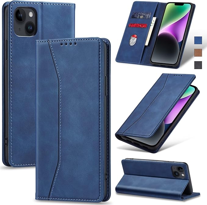 Jasonyu Flip Wallet Case for iPhone 14 Plus 5G,Leather Magnetic Folio Cover with Card Holder,Kickstand - TPU Shockproof Durable Protective Phone Case,Blue