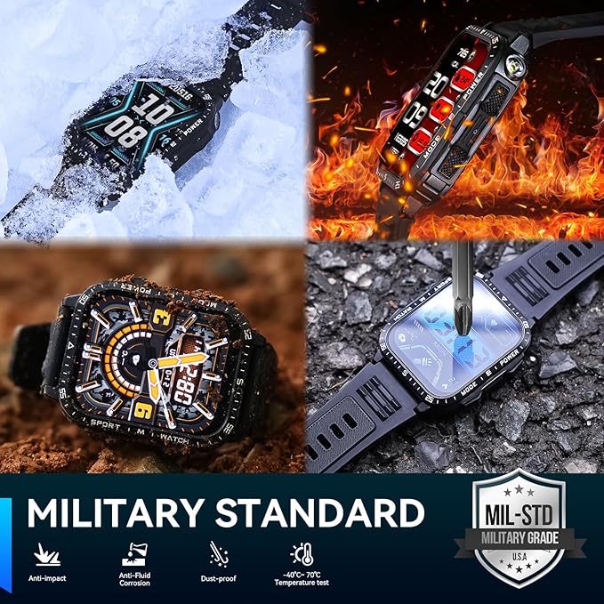 Military Smart Watch for Men with LED Flashlight Watch 2.0'' Big Screen Tactical Smartwatch 430mAh Big Battery Fitness Tracker with Heart Rate Sleep Monitor for iPhone Android