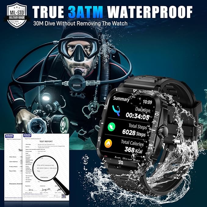 Military Smart Watches for Men (Make/Answer Call) 1.96" Screen Outdoor Activity Tracker with 100+ Sport Modes Health Monitor 3ATM Waterproof Smartwatch