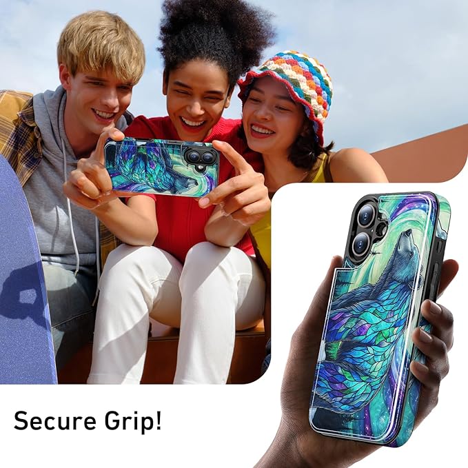 FUNMIKO for iPhone 16 Plus Wallet Case with Card Holder, RFID-Blocking, Military-Grade Protection & UV-Printed Artwork, Magnetic Closure with Leather Kickstand - Prismatic Aurora Bear