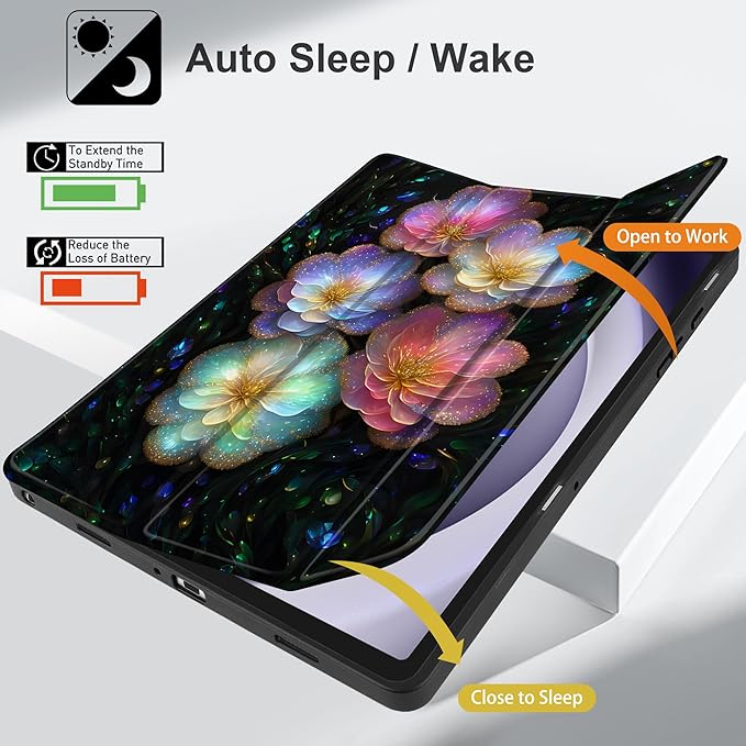 MEEgoodo Case for Samsung Galaxy Tab A9 Plus 11 inch Cover 2024 2023 with S Pen Holder, A9+ Smart Tablet Cases with Leather Trifold Stand+Soft TPU Back Shell+Smart Auto Wake/Sleep, Glitter Flowers