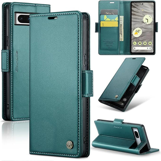 for Google Pixel 7A Case, Premium PU Leather Wallet Case Flip Cover with [RFID Blocking][Card Holder][Stand Function] Shockproof Protective for Google 7A, Blue-Green