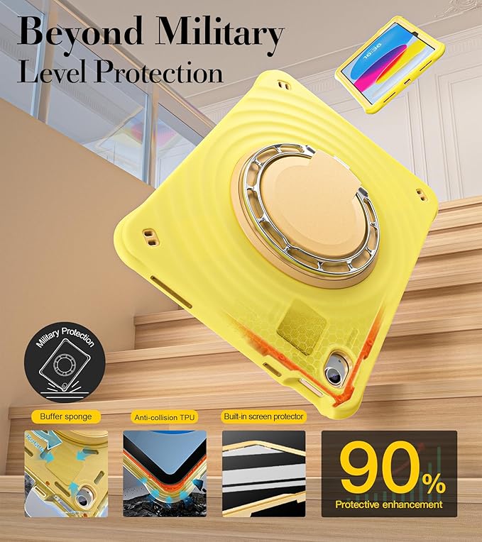 BRAECN Ripple Case for iPad (A16)11th/10th Generation 11/10.9 inch 2025/2022 Zinc Alloy Handle Ring Stand Protective Heavy Duty Screen Protector 360°Rotating 180°Folding Shoulder Strap Full-Body Cover