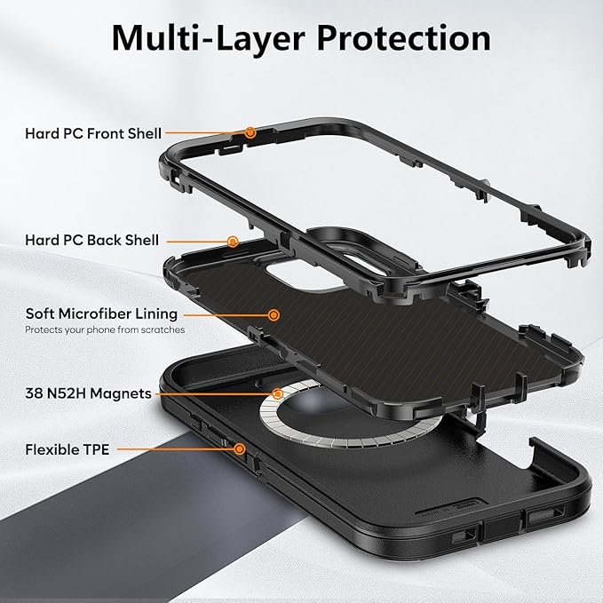 for iPhone 16 Pro Case with Belt Clip Holster, Anti-Shock, Anti-Slip, Compatible with MagSafe, 3-Layer Drop Protection, Heavy Duty Magnetic Phone Case Cover for 16 Pro, 6.3", Black