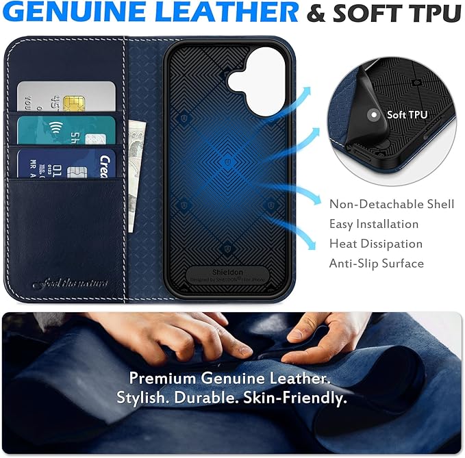 SHIELDON Wallet Case for iPhone 16 5G 2024, Genuine Leather Folio Book Magnetic Closure RFID Blocking Card Slots Kickstand Full Protection Case Compatible with iPhone 16 6.1" - Retro Dark Blue