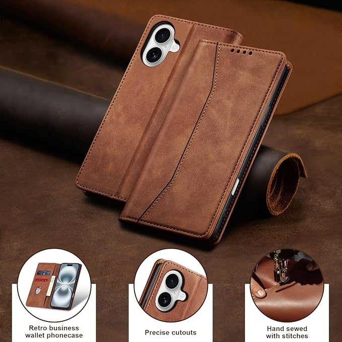 Jasonyu Flip Wallet Case for iPhone 16,Leather Magnetic Folio Cover with Card Holder,Kickstand - TPU Shockproof Durable Protective Phone Case,Brown