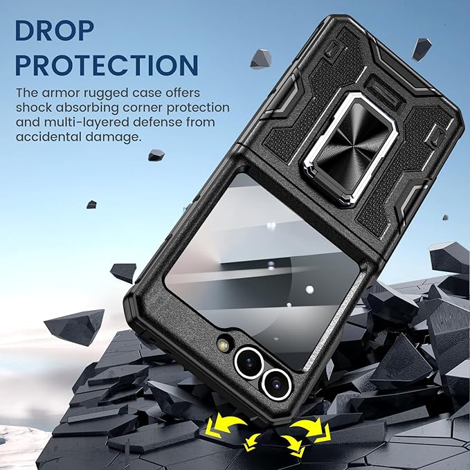 VEGO for Galaxy Z Flip 6 Case, 360° Rotatable Ring Kickstand & Belt Clip Holster & Tempered Glass Camera Screen Protector & Hinge Protection, Shockproof Case for Samsung Flip 6 5G - Black