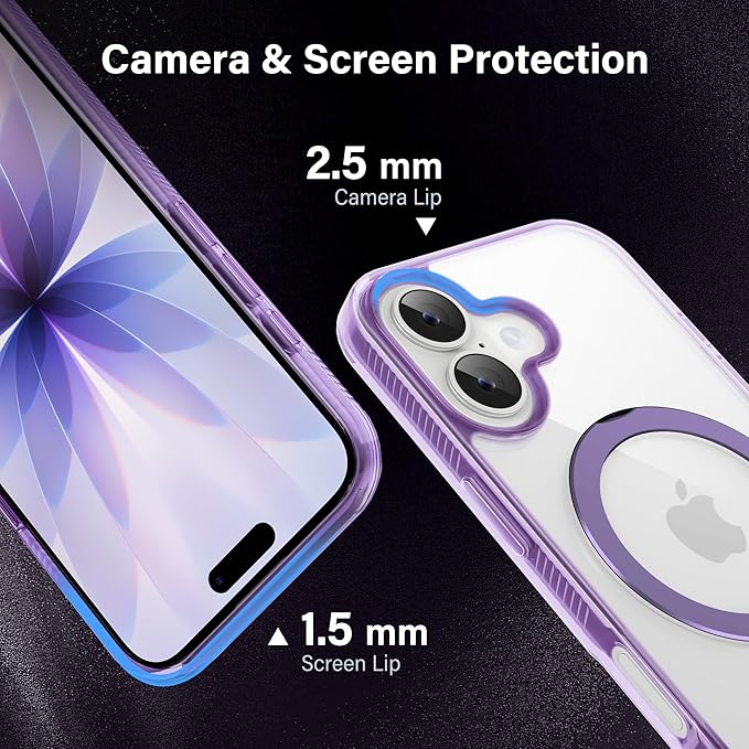 Magnetic Case for iPhone 17 - [Built-in Invisible Stand] [Compatible with MagSafe] [Military Grade Drop Protection] Anti-Yellowing Hard Back Silicone Edge Cover, 6.3", Clear Purple