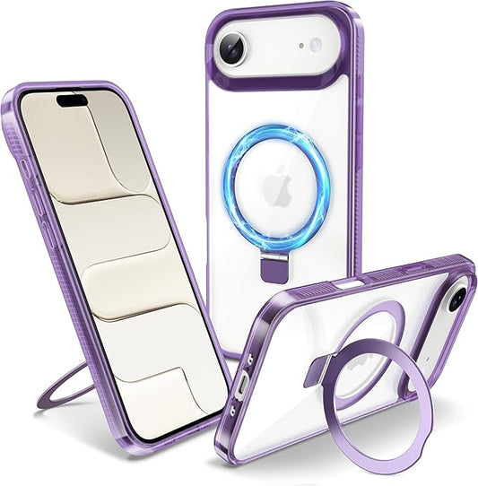 Magnetic Case for iPhone Air - [Built-in Invisible Stand] [Compatible with MagSafe] [Military Grade Drop Protection] Anti-Yellowing Hard Back Silicone Edge Cover, 6.5", Clear Purple