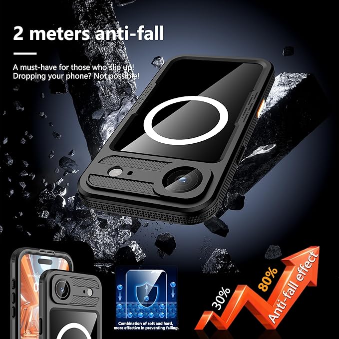 GOLDJU Magnetic for iPhone 17 Air Case-Waterproof, Built-in Screen & Camera Protector-IP68 Underwater Full Body 16FT Military Dropproof Shockproof Case for 17 Air 6.6''- Black
