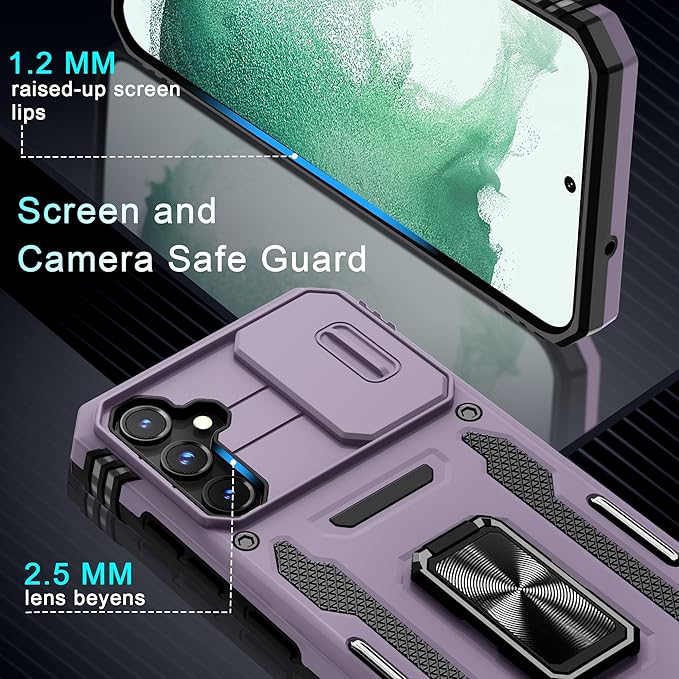 DEERLAMN Case for Samsung Galaxy S23 FE 6.4-Inch with Slide Camera Cover+Screen Protector(1 Pack),Rotated Ring Kickstand Military Grade Shockproof Protective Cover-Deep Purple