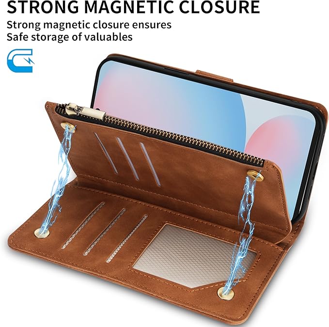 ZZXX for Samsung Galaxy S24 FE Wallet Case with RFID Blocking Card Slot PU Leather Zipper Flip Folio with Strap Kickstand Protective Cover for Samsung Galaxy S24 FE Case Wallet(Brown-6.7 inch)