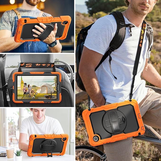 HXCASEAC Case for Lenovo Tab One/Tab K9 2025 (TB-305FU) 8.7 inch, with Screen Protector/Rotating Hand Strap/Sturdy Stand, Protective Cover for Lenovo one Tablet - Orange