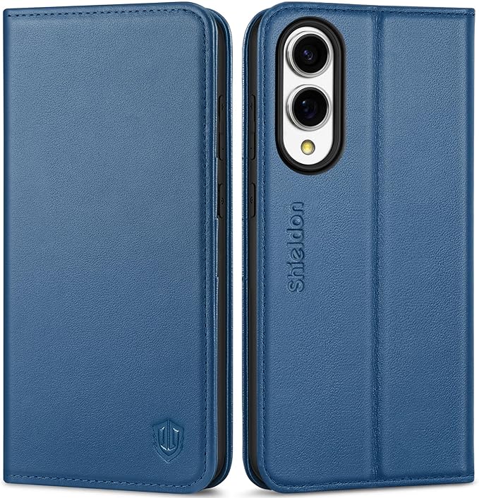 SHIELDON Case for Galaxy S25 Edge 6.7", Genuine Leather Wallet Magnetic Case with RFID Blocking Card Holder Kickstand Shock Absorbing Cover Compatible with Galaxy S25 Edge 2025 - Nappa Royal Blue