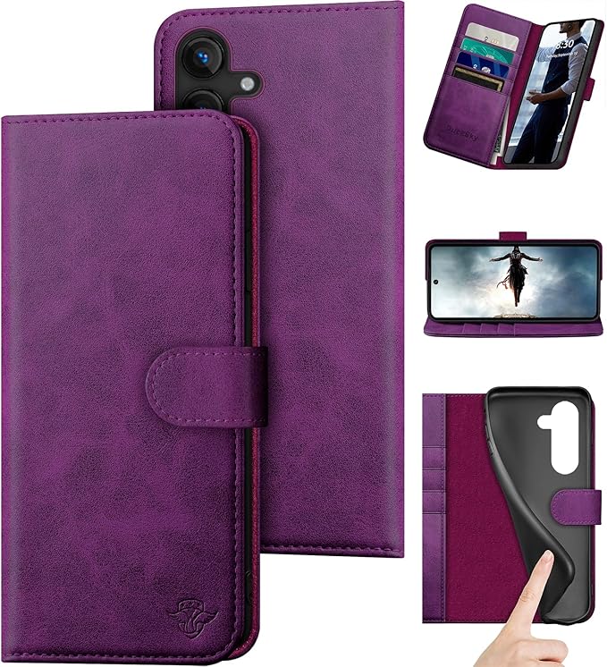 Compatible with Samsung Galaxy S25 Genuine Leather Wallet case【RFID Blocking】【4 Credit Card Holder】【Real Leather】 Flip Folio Book Phone case Cover Women Men for Samsung S25 case Purple