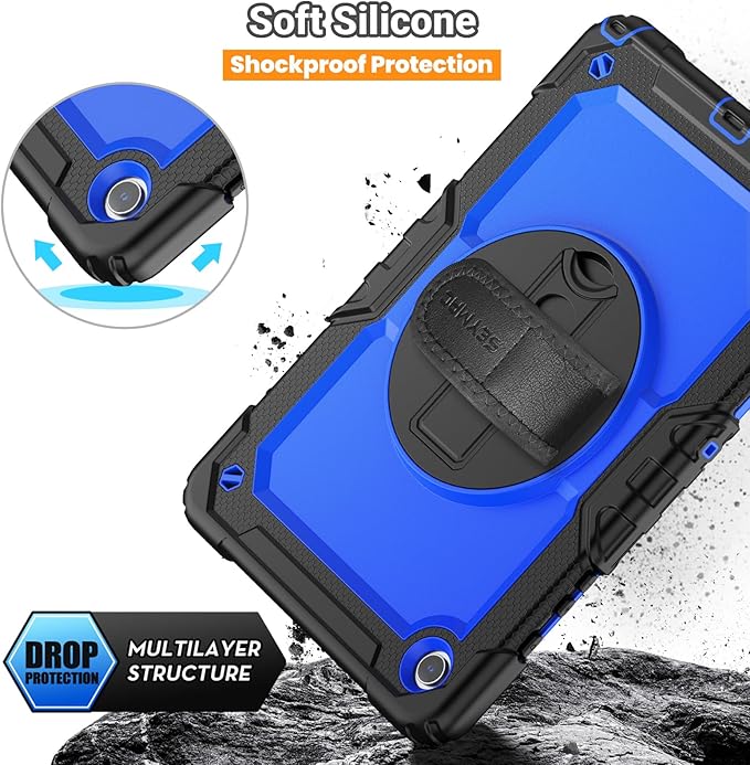SEYMAC Case for Samsung Galaxy Tab A9+/ A9 Plus 11" (SM-X210/X216/X218), Heavy Duty Shockproof Protective Case with Screen Protector, Rotating Stand, Hand/Shoulder Strap and Pen Holder, Blue