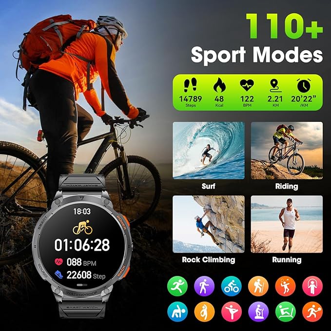 Military Smart Watches for Men, 1.85" HD Large Screen Smart Watch, Flashlight/730mAh/110+ Sports Modes Fitness Tracker Watch, Waterproof Mens Smart Watch for Android Phones iPhone Compatible
