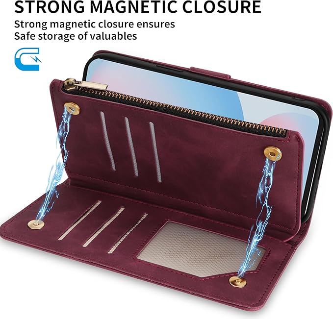 ZZXX for Samsung Galaxy S24 FE Wallet Case with RFID Blocking Card Slot PU Leather Zipper Flip Folio with Strap Kickstand Protective Cover for Galaxy S24 FE Case Wallet(Wine Red-6.7 inch)