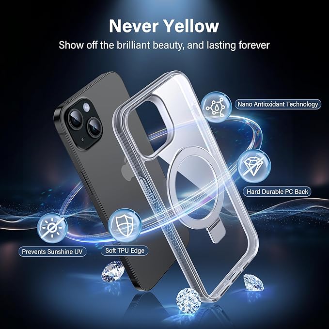 Magnetic Case for iPhone 15 - [Built-in Invisible Stand] [Compatible with MagSafe] [Military Grade Drop Protection] Anti-Yellowing Hard Back Silicone Edge Cover, 6.1", Clear