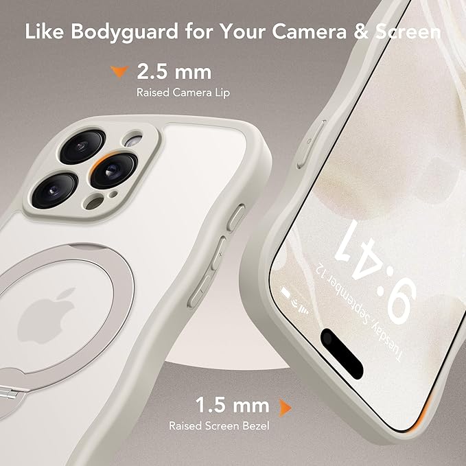 GolbinBox for iPhone 15 Pro Case,[Compatible with Magsafe][360°Magnetic Stand][Cute Wave Edge][18ft Military-Grade Protection] Translucent Matte Phone Women Case for iPhone 15 Pro,Stone