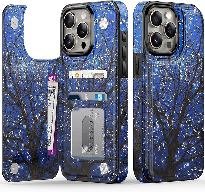 FUNMIKO for iPhone 14 Pro Wallet Case with Card Holder, RFID-Blocking, Military-Grade Protection & UV-Printed Artwork, Magnetic Closure with Leather Kickstand - Dreamy Wishing Tree