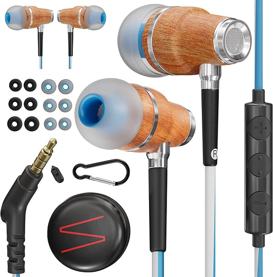 Symphonized NRG 3.0 Wired Earbuds with Microphone, Wooden Phone & Laptop Headphones, 90% Noise Cancelling Corded Earphones with 3.5mm Jack (Blue)