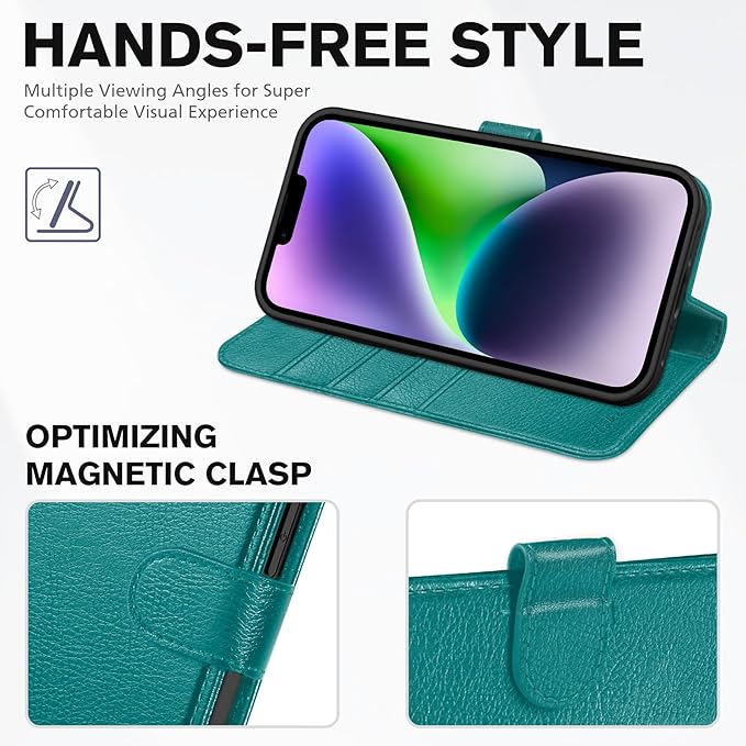 TUCCH Wallet Case for iPhone 14 6.1", Magnetic PU Leather Stand Flip Cover with 4 Card Slots [RFID Blocking] Folio [TPU Shockproof Interior Case] Compatible with iPhone 14 6.1-inch, Cyan