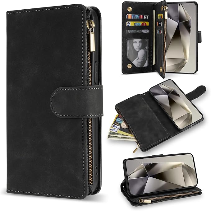 ZZXX for Samsung Galaxy S24 Ultra Wallet Case with RFID Blocking Card Slot PU Leather Zipper Flip Folio with Strap Kickstand Protective Cover for Samsung Galaxy S24 Ultra Case Wallet(Black-6.8 inch)