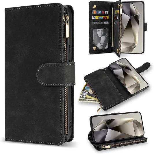 ZZXX for Samsung Galaxy S24 Ultra Wallet Case with RFID Blocking Card Slot PU Leather Zipper Flip Folio with Strap Kickstand Protective Cover for Samsung Galaxy S24 Ultra Case Wallet(Black-6.8 inch)