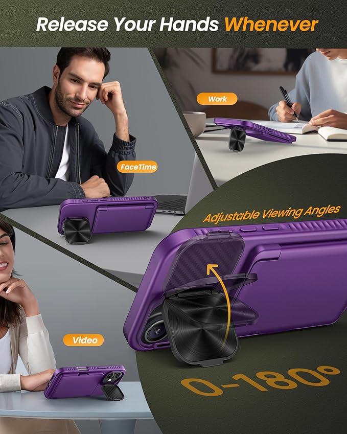 for iPhone 17 Case, Built-in Card Holder & Stand & Lens Cover, Military Grade Drop Tested Soft Silicone Edge Rugged Kickstand Protective Wallet Phone Case for iPhone 17 2025, Purple