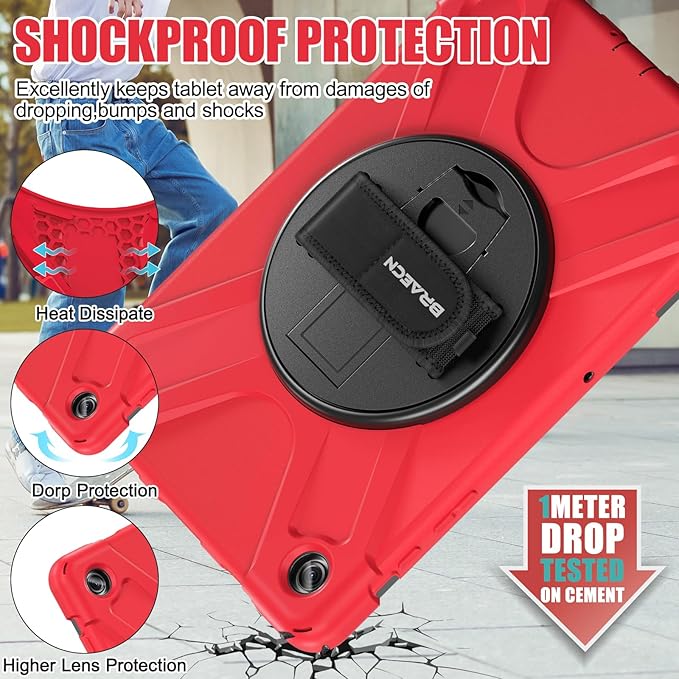 BRAECNstock for Samsung Galaxy Tab A9+ Plus Tablet Case 11 inch (SM-X210/X216/X218) Shockproof Protective Galaxy Tab A9+ Case with Screen Protector Pen Holder Rotating Hand Strap+Stand - Red