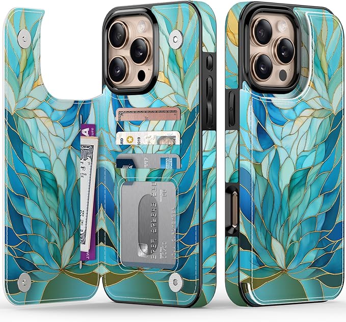 FUNMIKO for iPhone 16 Pro Max Wallet Case with Card Holder, RFID-Blocking, Military-Grade Protection & UV-Printed Artwork, Magnetic Closure with Leather Kickstand - Sleek Cyan Leaf