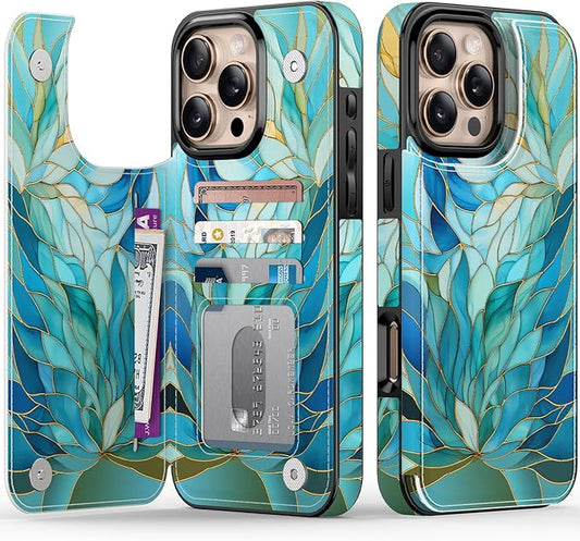 FUNMIKO for iPhone 16 Pro Max Wallet Case with Card Holder, RFID-Blocking, Military-Grade Protection & UV-Printed Artwork, Magnetic Closure with Leather Kickstand - Sleek Cyan Leaf