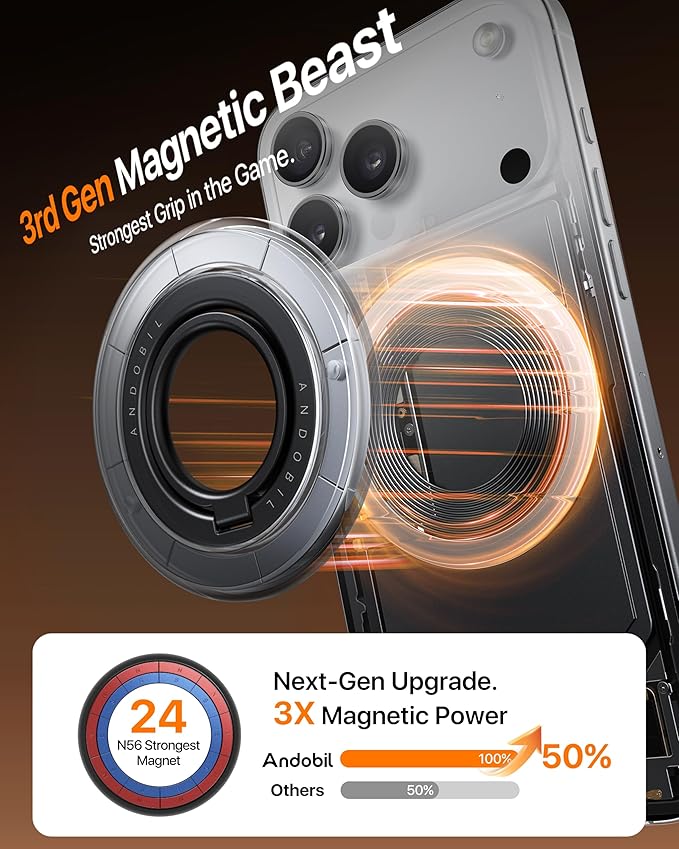 andobil [2025 3rd Gen] Magnetic Phone Grip for MagSafe [Sability Max] Stronger Two-Sided Magnet Cell Phone Ring Holder Compatible with MagSafe Accessories, iPhone 17 Pro Max Air 16 15 14 13 12, Black