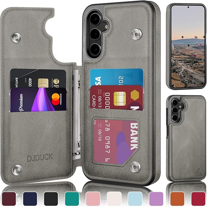 DJDUCK Designed for Samsung Galaxy S25 Case Wallet with Card Holder, [Magnetic Clasp Cover] [RFID Blocking Leather Protection] Shockproof Women Men Cases for Samsung S25 Grey
