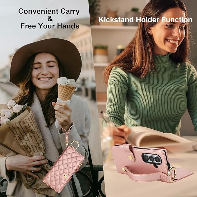 KIHUWEY for Galaxy Z Fold 7 Wallet Case with Card Holder Premium Leather Magnetic RFID Blocking Shockproof Zipper Wrist Strap Lanyard Cover for Samsung Galaxy Z Fold 7 8.0 Inch (Rose Gold)