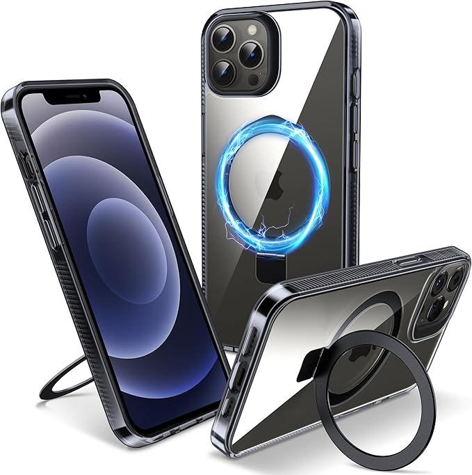Magnetic Case for iPhone 12 Pro Max - [Built-in Invisible Stand] [Compatible with MagSafe] [Military Grade Drop Protection] Anti-Yellowing Hard Back Silicone Edge Cover, 6.7", Clear Black