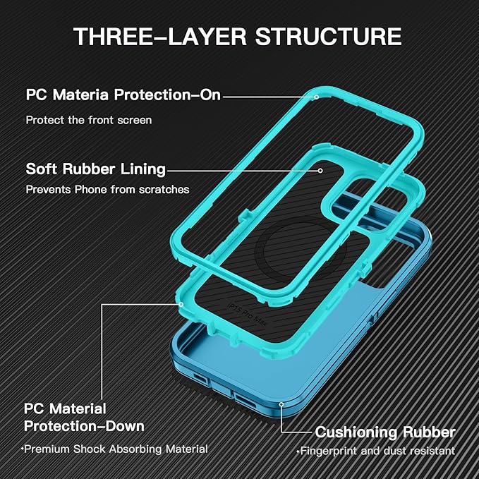 for iPhone 15 Pro Max Case [Compatible with MagSafe] Shockproof 3-Layer Full Body Protection Rugged Heavy Duty Cover Case for Apple iPhone 15 Pro Max 6.7",Turquoise