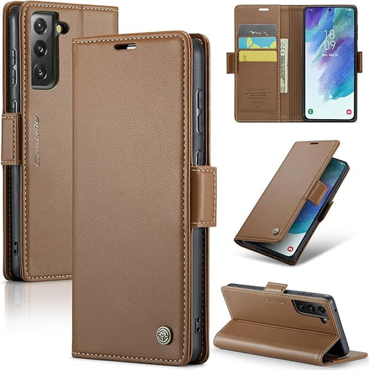 AUPAI for Samsung Galaxy S21 FE Wallet Case with Credit Card Holder, PU Leather RFID Blocking Folio Flip Kickstand Magnetic Clasp Protective Phone Cover for Women Men Brown
