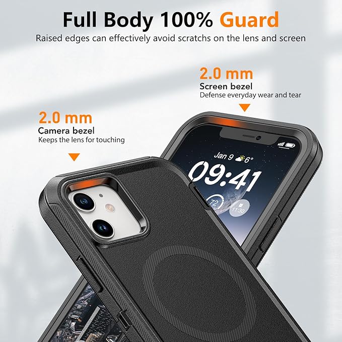 for iPhone 12 & 12 Pro Case with Belt Clip Holster, Anti-Shock, Anti-Slip, Compatible with MagSafe, 3-Layer Drop Protection, Heavy Duty Magnetic Phone Case Cover 12 6.1", Black