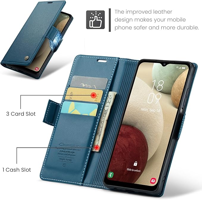for Samsung Galaxy A12 5G Case, Premium PU Leather Wallet Case Flip Cover with [RFID Blocking][Card Holder][Stand Function] Shockproof Protective for Samsung Galaxy A12, Blue