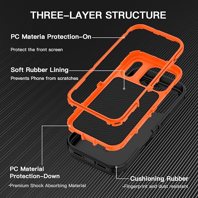 for iPhone 17 Pro Case Shockproof Dust/Drop Proof 3-Layer Full Body Protection [Without Screen Protector] Rugged Heavy Duty Cover Case for Apple iPhone 17 Pro 6.3" 2025,Black/Orange
