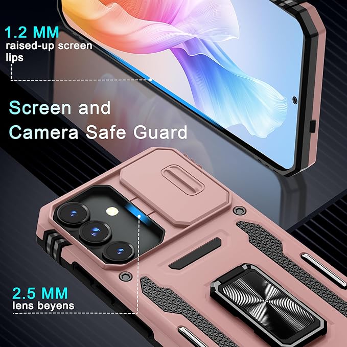 DEERLAMN Case for Samsung Galaxy S25 FE 6.7-Inch with Slide Camera Cover+Screen Protector(1 Pack), Rotated Ring Kickstand Military Grade Shockproof Protective Cover-Rose Gold